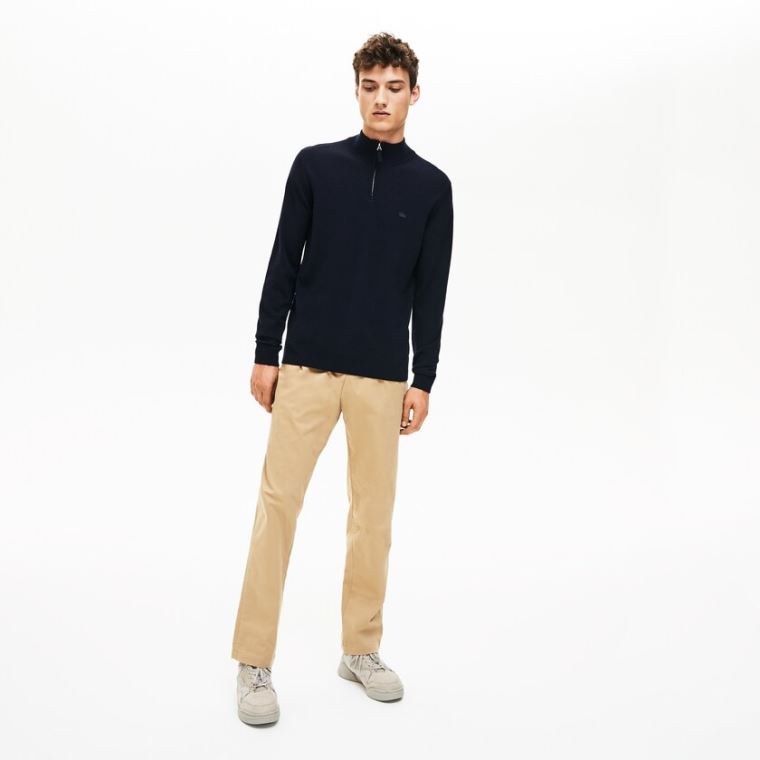 Lacoste Zippered Stand-Up Collar Wool Jersey Genser Marineblå Blå | 9B78ShrF