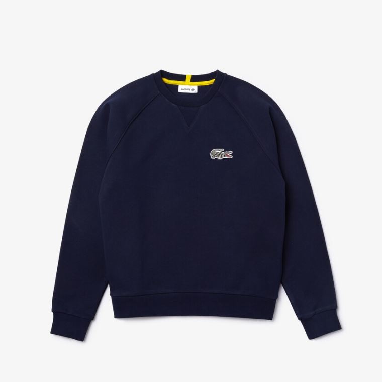 Lacoste x National Geographic Bomull Fleece Sweatshirt Marineblå Blå Hvite | sc3zdYAt