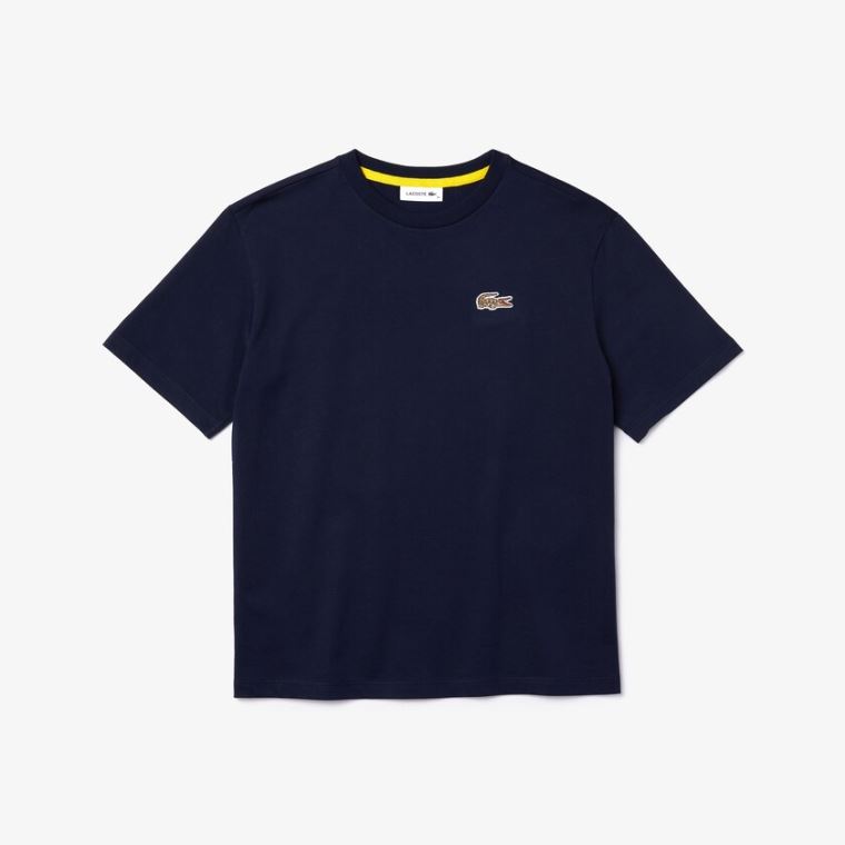 Lacoste x National Geographic Bomull T-shirt Marineblå Blå Hvite | q2aRLDsS