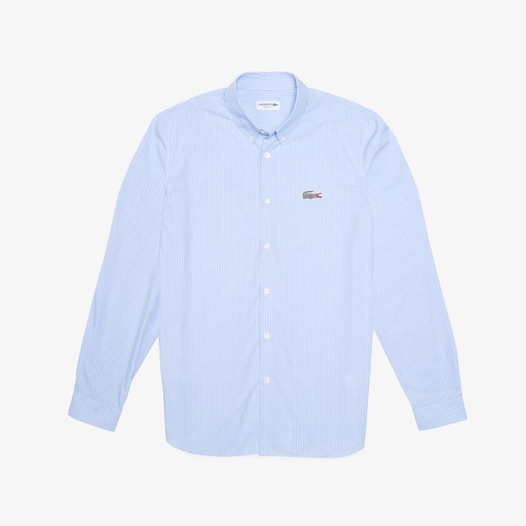 Lacoste x National Geographic Regular Fit Striped Bomull Shirt Blå Hvite | cL5s8av7